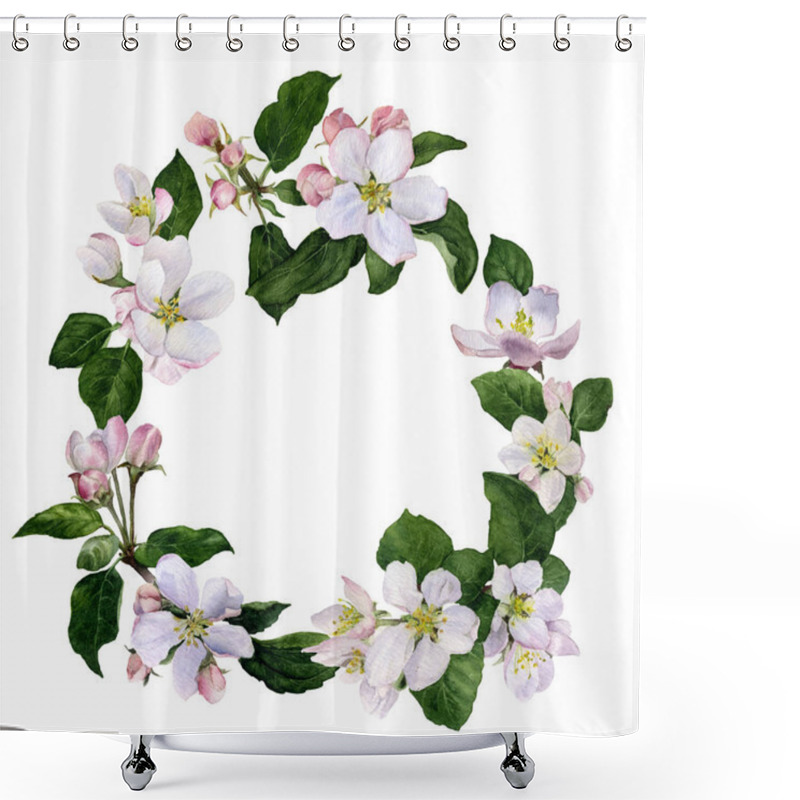 Personality  Frame Of Apple Flowers And Buds With Green Leaves Hand Painted In Watercolor Isolated On The White Background Shower Curtains