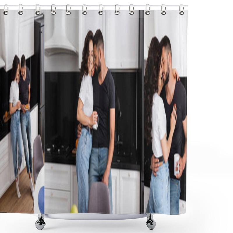 Personality  Collage Of Bearded Man Hugging With Beautiful Girl And Holding Cups Of Coffee Shower Curtains