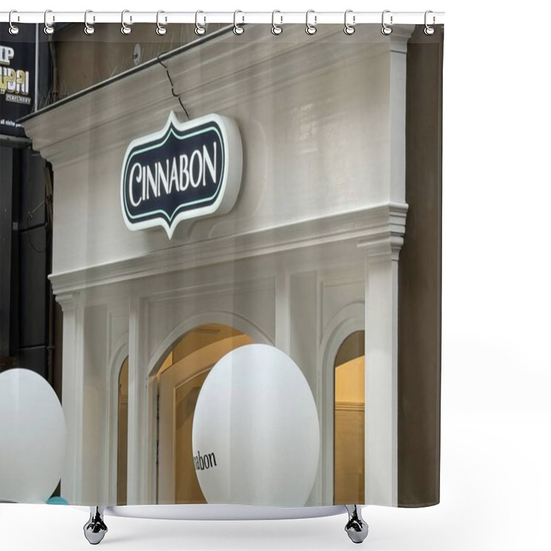 Personality  Den Haag, Netherlands - October 18 2024: A New Cinnabon Location Opens In Den Haag Attracting Customers With Festive Decorations And Balloons Shower Curtains