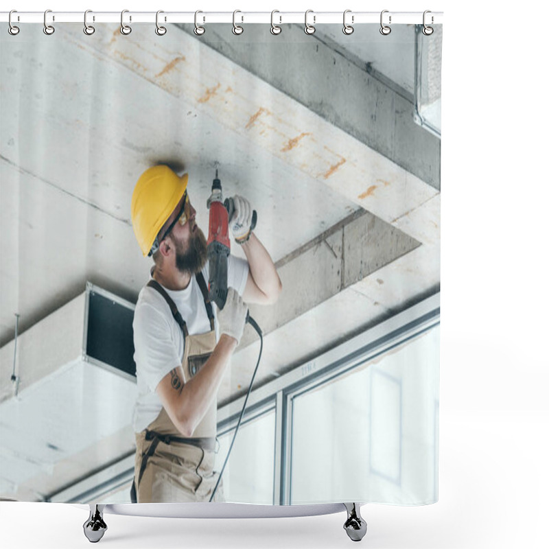 Personality  Low Angle View Of Builder In Protective Googles And Hardhat Working With Drill At Construction Site  Shower Curtains