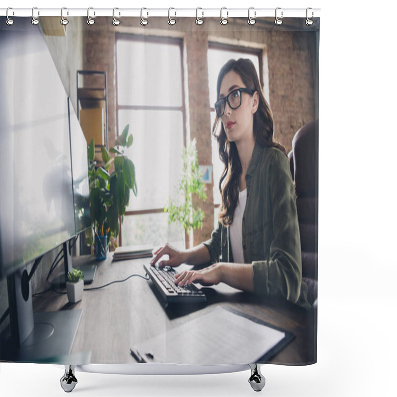 Personality  Profile Photo Of Talented Clever Web Designer Lady Sitting Chair Keyboard Write Operating Network Open Space Indoors. Shower Curtains