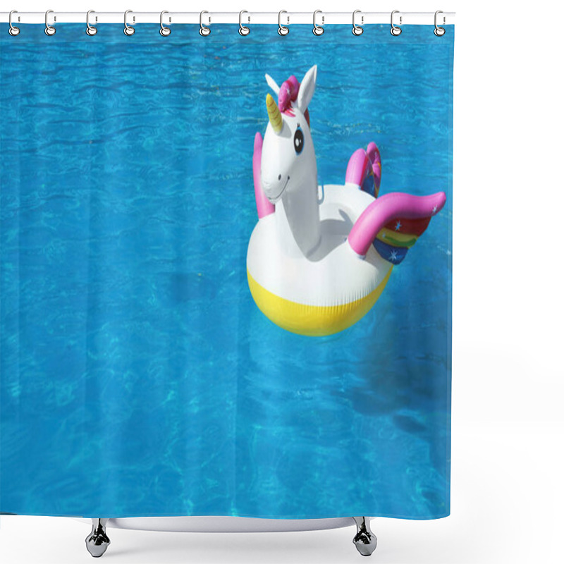 Personality  Funny Inflatable Unicorn Ring Floating In Swimming Pool On Sunny Day. Space For Text Shower Curtains