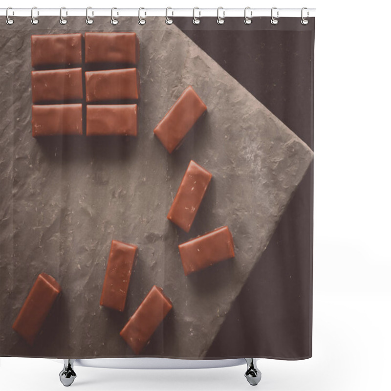 Personality  Sweet Swiss Chocolate Candies On A Stone Tabletop, Flatlay - Desserts, Confectionery And Gluten-free Organic Food Concept.  All You Need Is Chocolate Shower Curtains