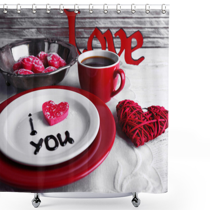 Personality  Cookie In Form Of Heart On Plate With Inscription I Love You On Color Wooden Table Background Shower Curtains