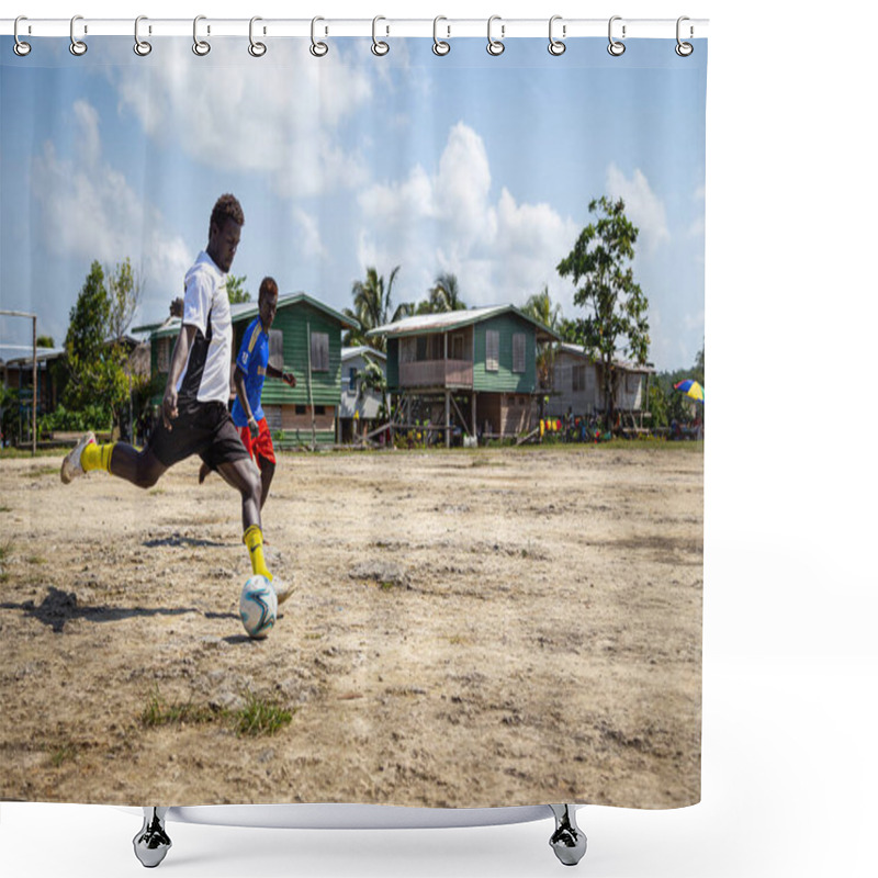 Personality  MBAREHO VILLAGE, SOLOMON ISLANDS - Jan 04, 2016: Villagers Play A Game Of Soccer On A Field In The Middle Of Mbareho Village, Located In Marovo Lagoon Of The Solomon Islands. Shower Curtains