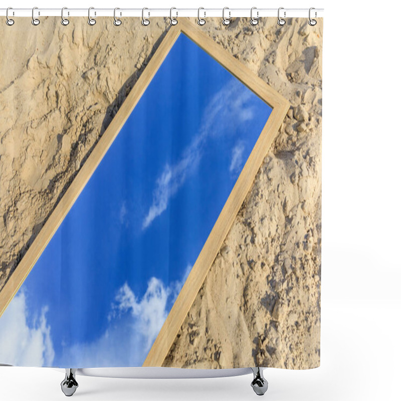 Personality  Mirror With Reflection Of Blue Cloudy Sky Lying On Sand Shower Curtains