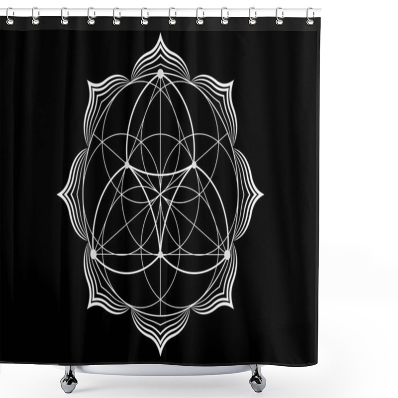 Personality  Seed Flower Of Life Lotus Icon, Yantra Mandala Sacred Geometry, Tattoo Symbol Of Harmony And Balance. Mystical Talisman, White Lines Vector Isolated On Black Background  Shower Curtains