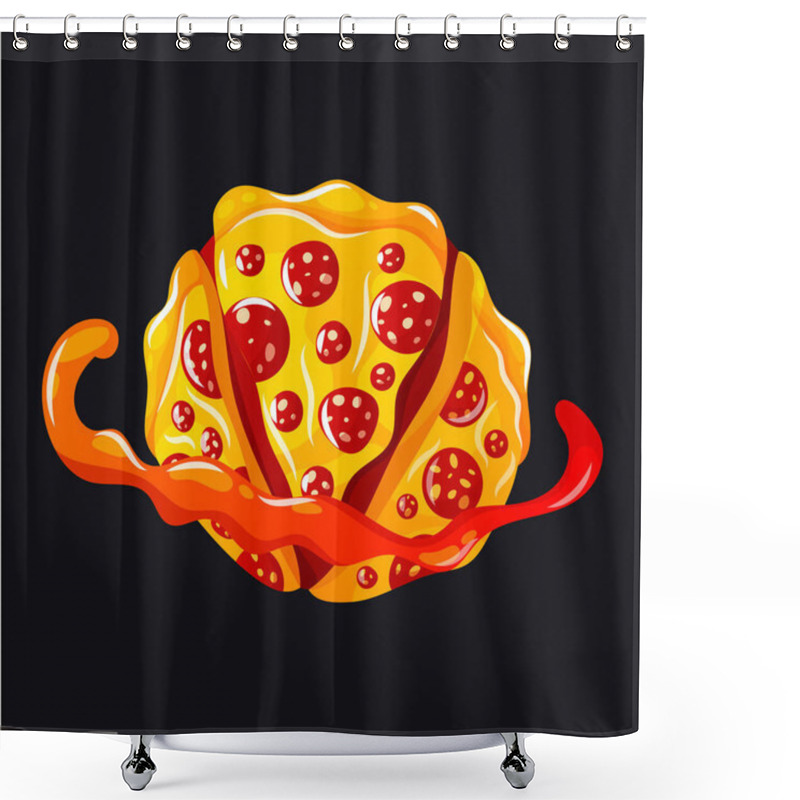 Personality  Bright Vector Design Of A Round Planet Made Of Cheese Pizza With Vibrant Pepperoni And Swirling Red Sauce, Perfect For Creative Food, Space, Or Fantasy-themed Graphic Designs. Vector Illustration.  Shower Curtains