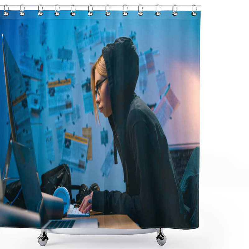 Personality  Side View Of Female Hacker Developing Malware In Dark Room Shower Curtains