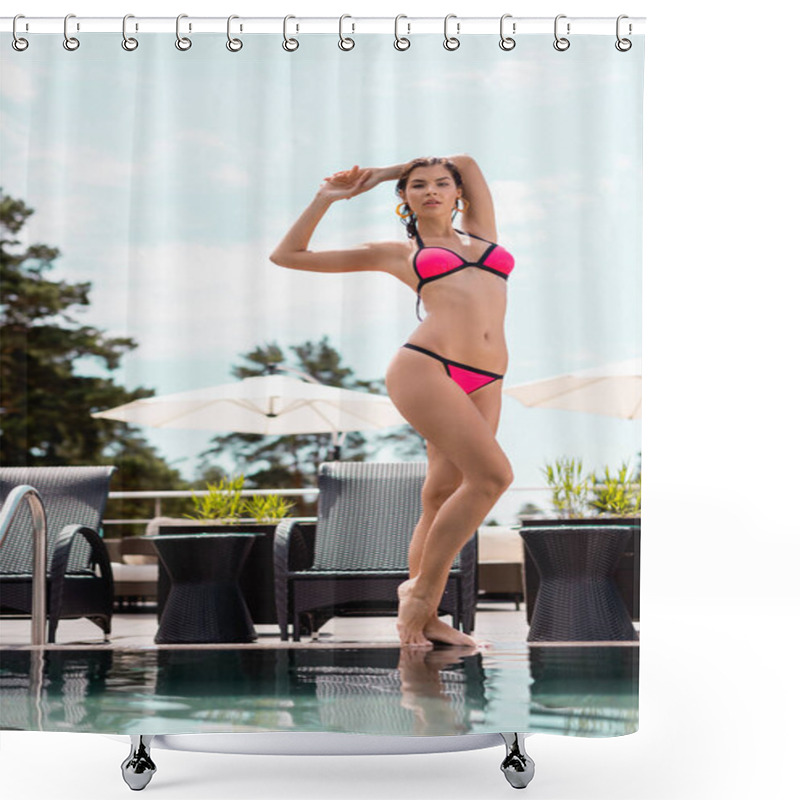 Personality  Beautiful Barefoot Woman In Swimsuit Standing Near Swimming Pool Shower Curtains