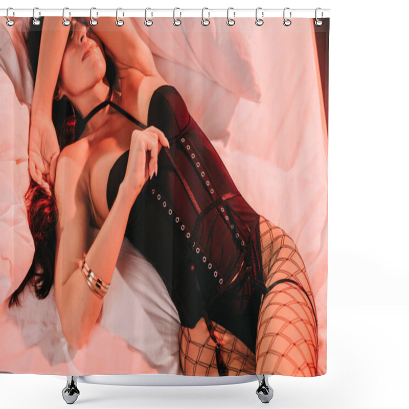 Personality  Overhead View Of Sexy Woman In Corset Covering Face While Lying On Bed  Shower Curtains