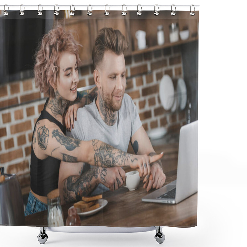 Personality  Tattooed Couple Pointing At Laptop During Breakfast In Kitchen Shower Curtains