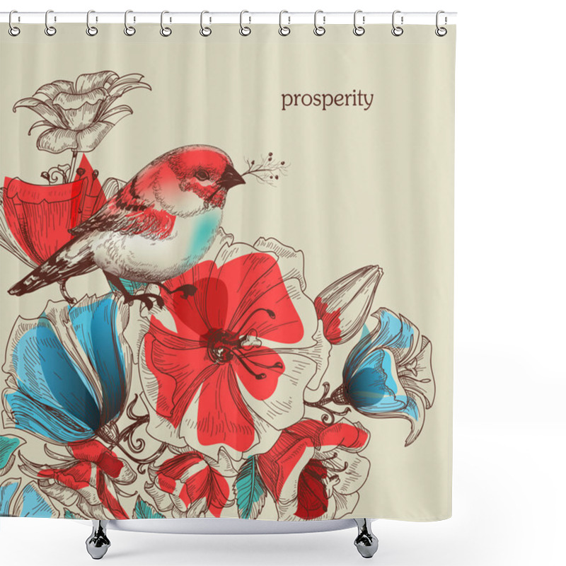 Personality  Flowers And Bird Vector Illustration, Greeting Card, Prosperity Shower Curtains