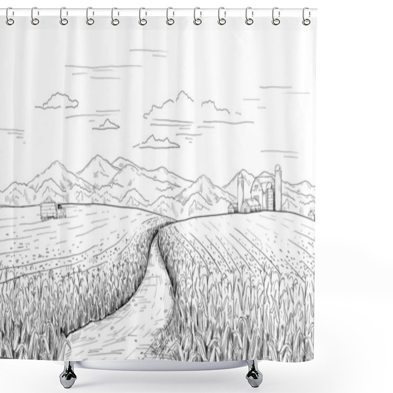 Personality  Hand Drawn Field Landscape. Corn Farm Sketch With Rural House And Silos. Pencil Drawing Of Agriculture Area Panorama. Truck With Maize Harvest. Vector Summer And Autumn Engraving Scene Shower Curtains