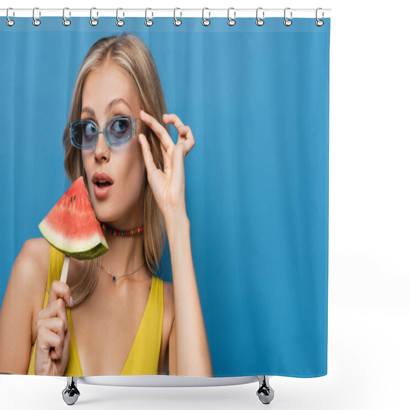 Personality  Young Woman Adjusting Sunglasses And Holding Popsicle Stick With Watermelon Isolated On Blue Shower Curtains