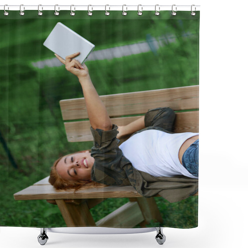 Personality  Girl Lifts Up Her Digital Tablet To Show You, While Smiling Lying On A Bench, Stretching Or Wanting To Ask You To Watch The Video? Shower Curtains