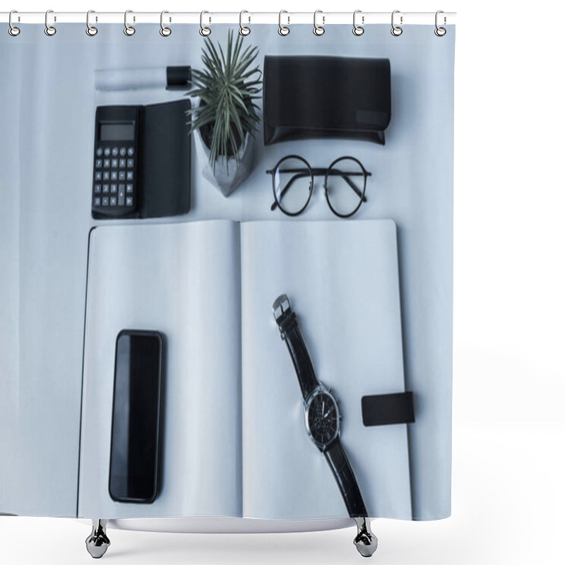 Personality  Overhead View Of Smartphone And Watch On Open Notebook On Working Table Shower Curtains