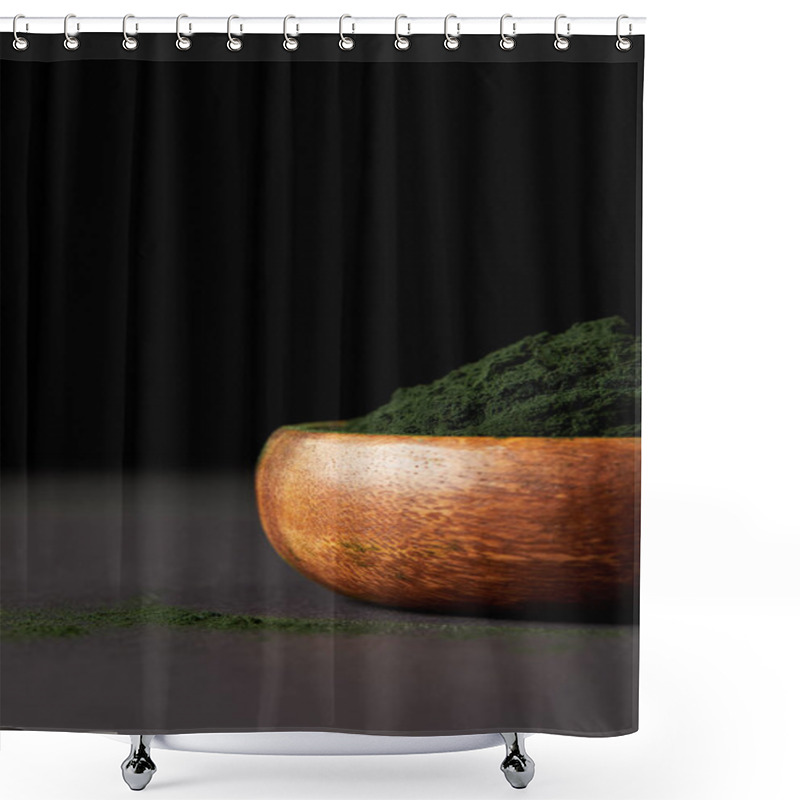 Personality  Selective Focus Of Spirulina Algae Powder In Wooden Bowl On Black Background  Shower Curtains