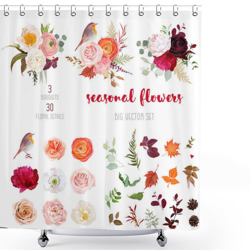 Personality  Peachy Rose, White And Burgundy Red Peony, Orange Ranunculus Shower Curtains