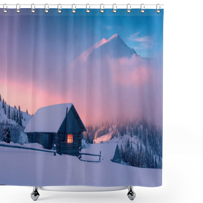 Personality  Fantastic Winter Landscape With Wooden House In Snowy Mountains Shower Curtains