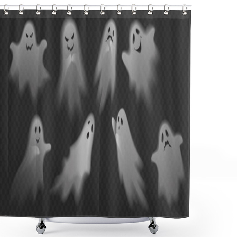 Personality  Halloween Characters Vector Illustration. Cute Scary Ghosts Phantoms On Transparent Alpha Background Set. Shower Curtains