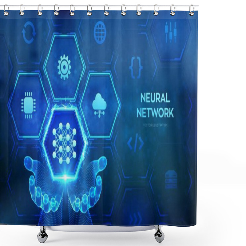 Personality  Neural Network Icon In Wireframe Hands. AI. Artificial Intelligence. Machine Learning. Deep Learning. Big Data Analysis Technology Concept. Vector Illustration Shower Curtains