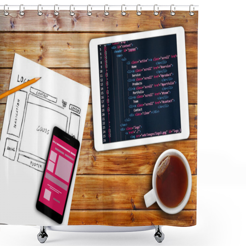 Personality  Website Wireframe Sketch And Programming Code On Digital Tablet Shower Curtains