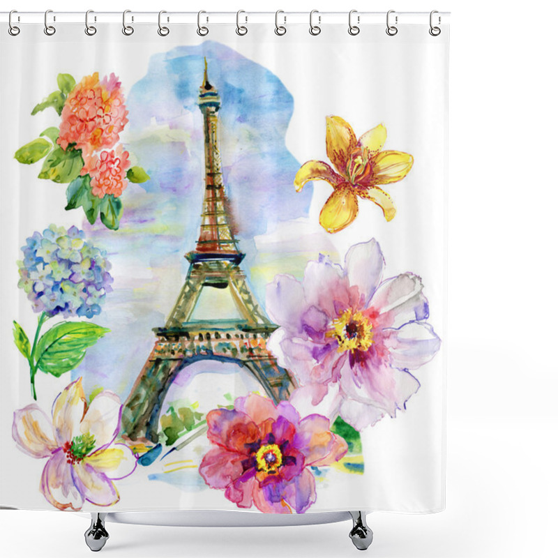 Personality  Hand Painted Eiffel Tower With Flowers. Shower Curtains