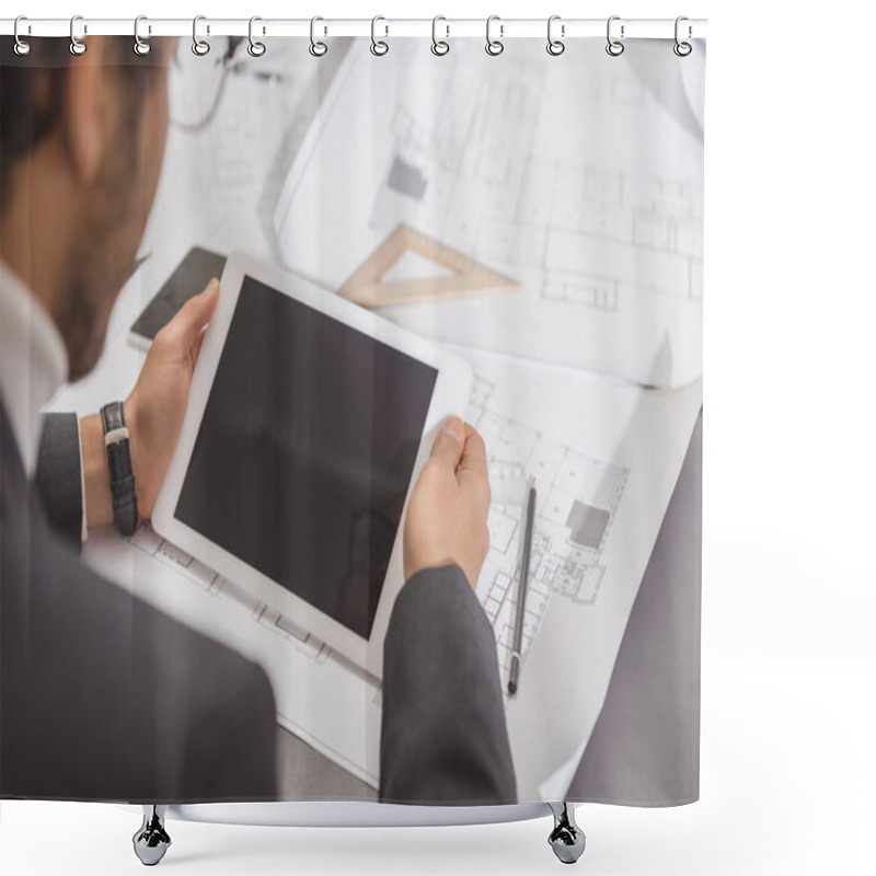 Personality  Cropped Shot Of Young Architect Using Tablet At Workplace Shower Curtains