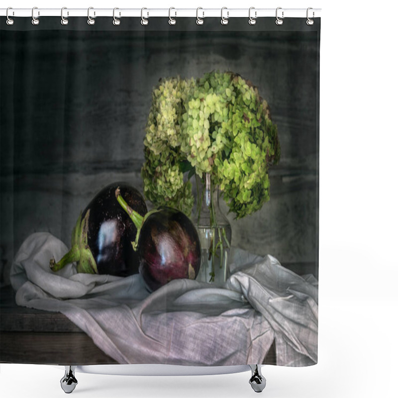 Personality  Still Life With Eggplants And Green Hydrangea In A Vase. Shower Curtains