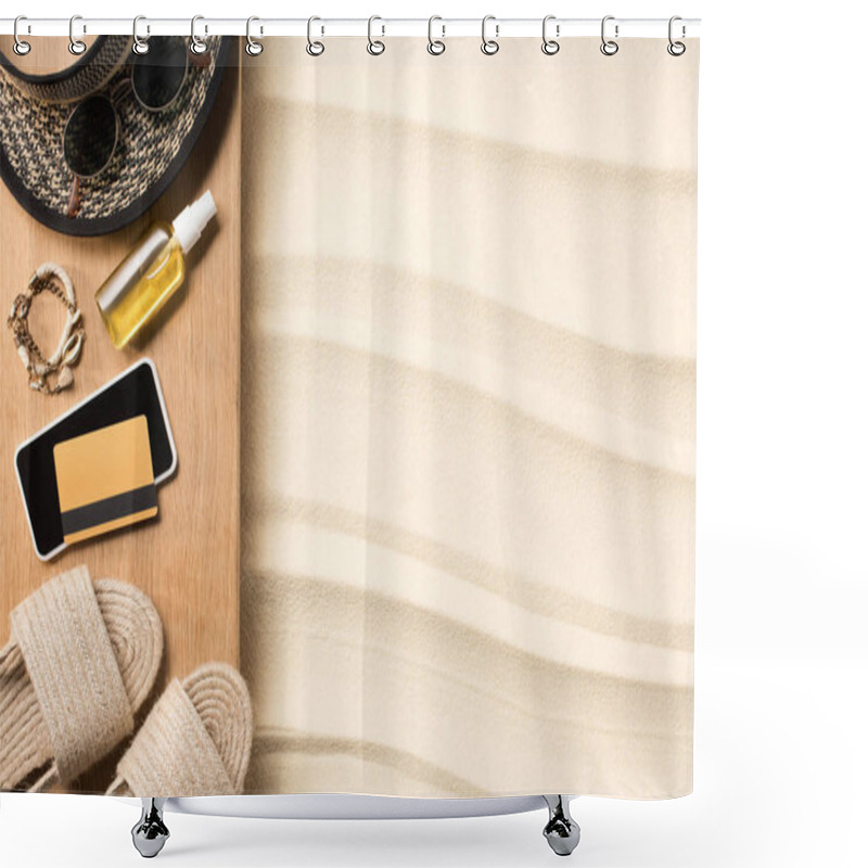 Personality  Flat Lay With Straw Hat, Flip Flops, Smartphone And Credit Car Don Wooden Plank On Sandy Beach Shower Curtains