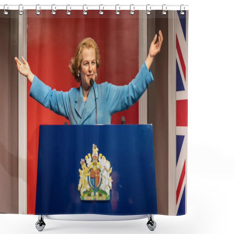 Personality  Shah Alam, Malaysia - April 17,2023 : Margaret Thatcher's Wax Figure Displayed At Red Carpet 2 In I-City Shah Alam. Shower Curtains