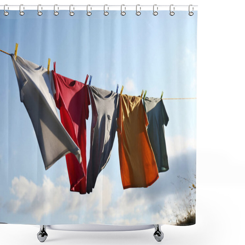 Personality  Clothes Hanging On Washing Line Against Sky Shower Curtains