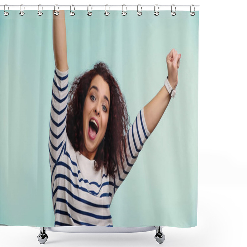 Personality  Excited Young Woman In Striped Long Sleeve Shirt With Raised Hands Isolated On Blue  Shower Curtains