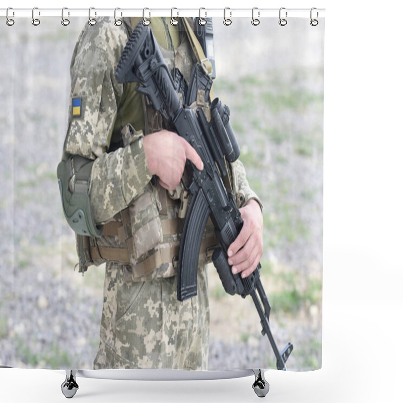 Personality  Soldier Of Ukraine With Assault Rifle And Flag Of Ukraine On Military Uniform. Ukrainian Soldier With Assault Rifle AK. Shower Curtains