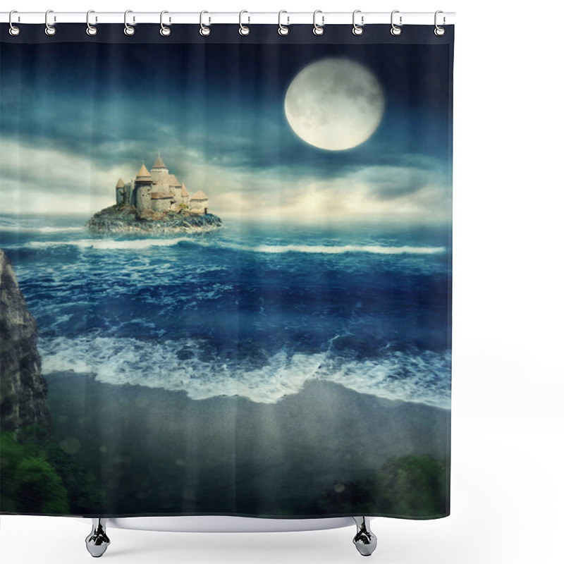 Personality  Island With Castle At Night Shower Curtains