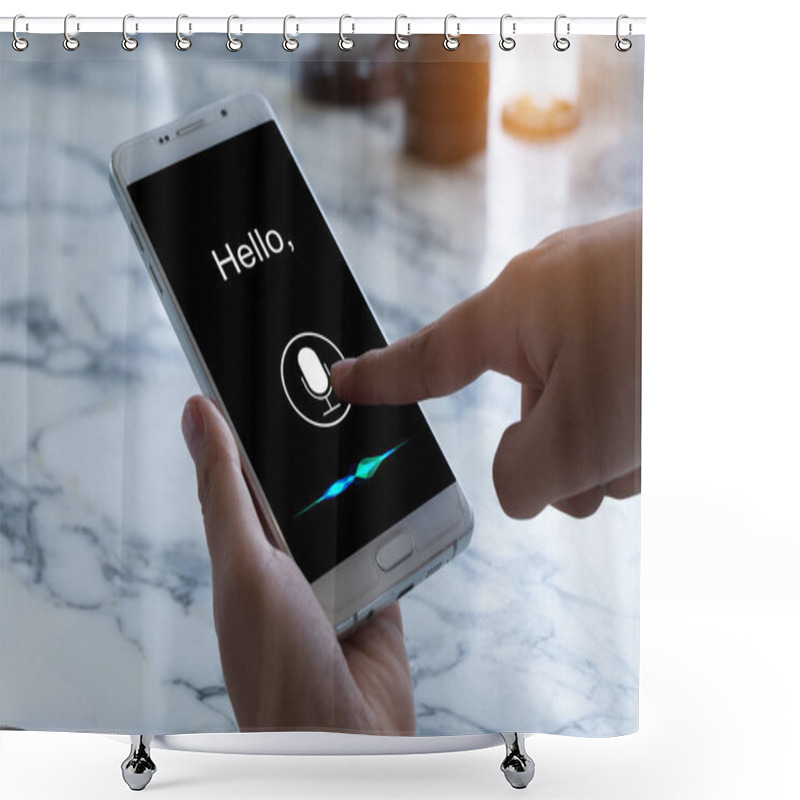 Personality  Voice Recognition , Speech Detect And Deep Learning Concept. Application On Mobile Phone Screen. Shower Curtains