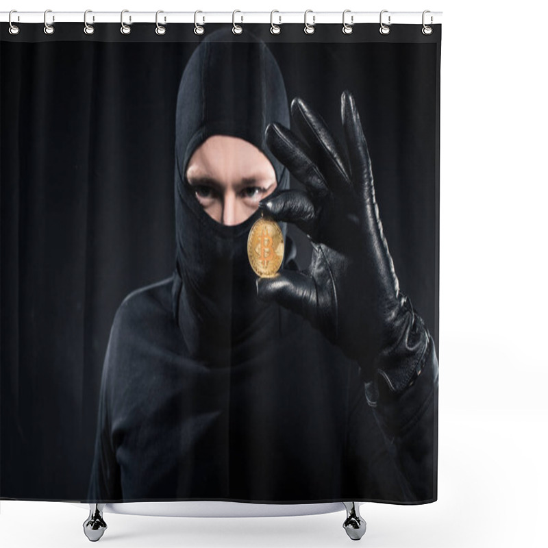 Personality  Man In Black Balaclava Holding Golden Bitcoin Shower Curtains