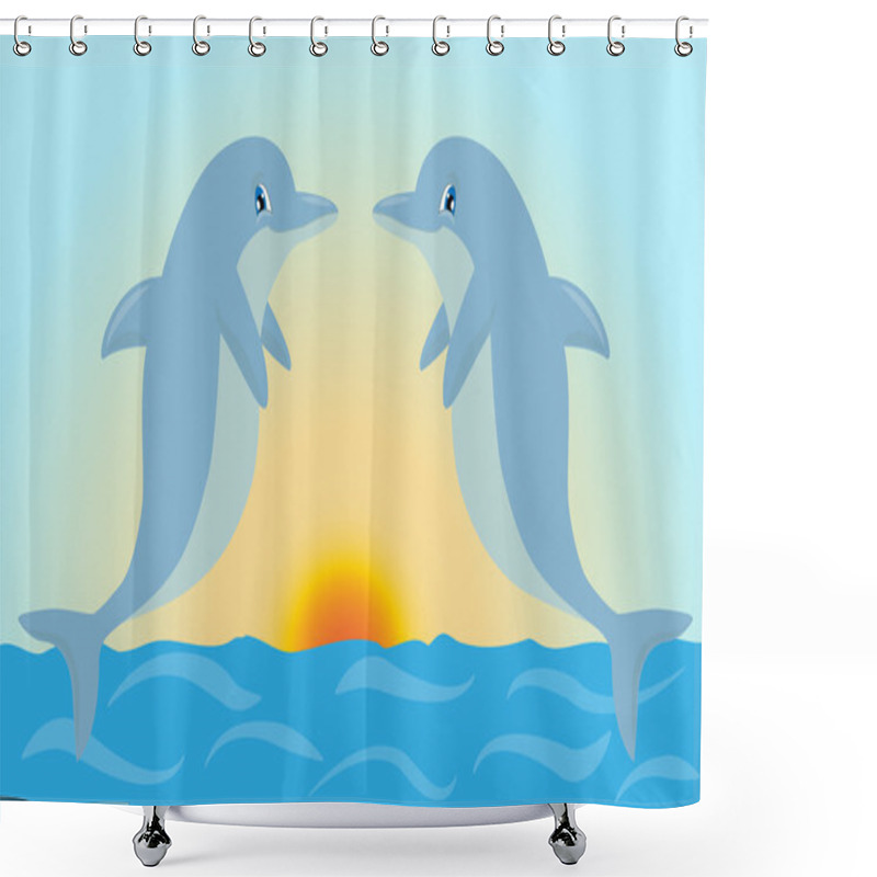 Personality  Pair Of Cute Cartoon Dolphins Playing In The Sunset Light. Shower Curtains