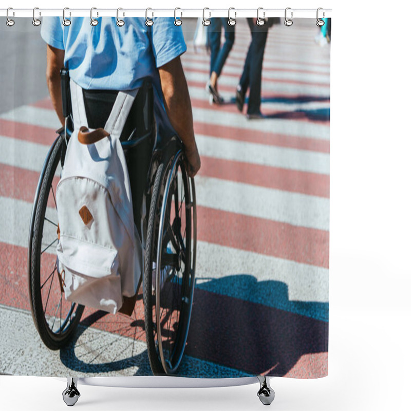 Personality  Cropped Image Of Man In Wheelchair With Bag Riding On Crosswalk Shower Curtains