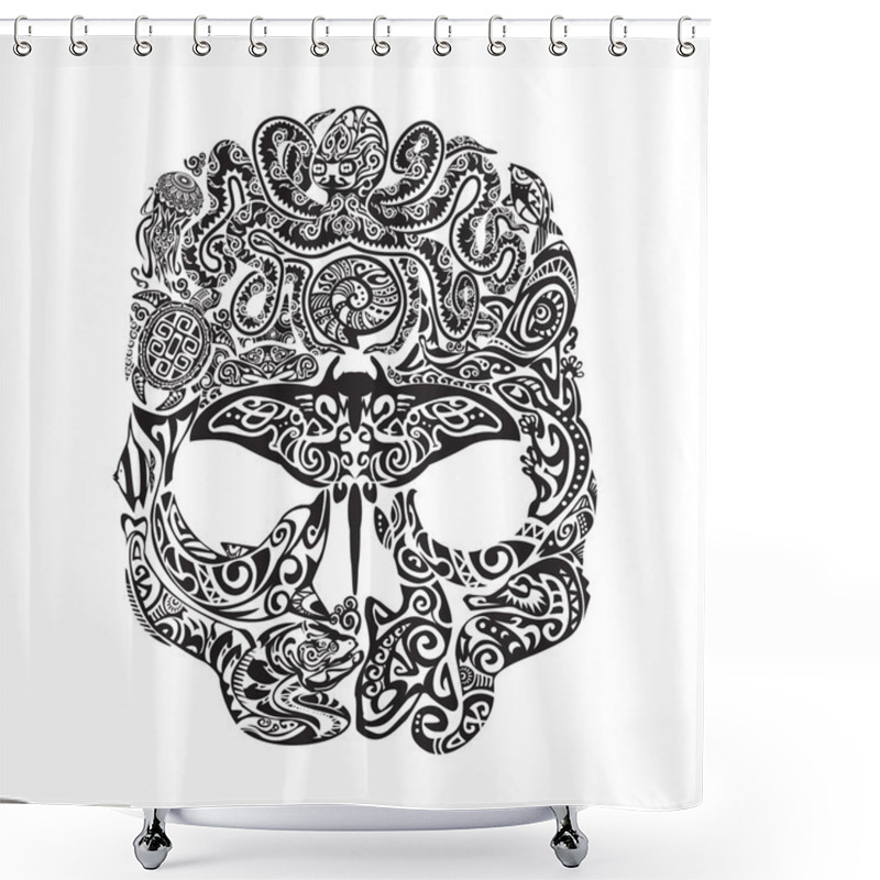 Personality  Skull Tattoo In The Style Of Maori With Marine Life. Sea Creatures Shower Curtains