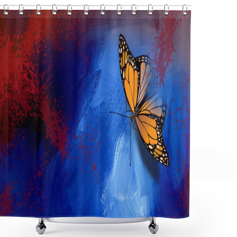 Personality  Graphic Design Of Iconic Monarch Butterfly Against Abstract Paint Strokes And Bloodlike Splatters Background To Represent The Metaphor Of Change Or Rebirth. Copy Space Provided For Possible Christian Or Other Themed Message. Shower Curtains