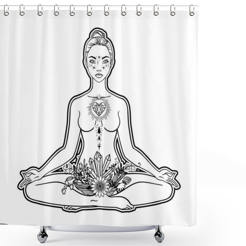 Personality  Beautiful Woman Silhouette Sitting In Lotus Pose With Flowers And Ethnic Art. Power Of Girls. Meditation, Yoga, Kundalini, Tantra, Ayurveda, Aura And Chakras. Vector Illustration. Shower Curtains