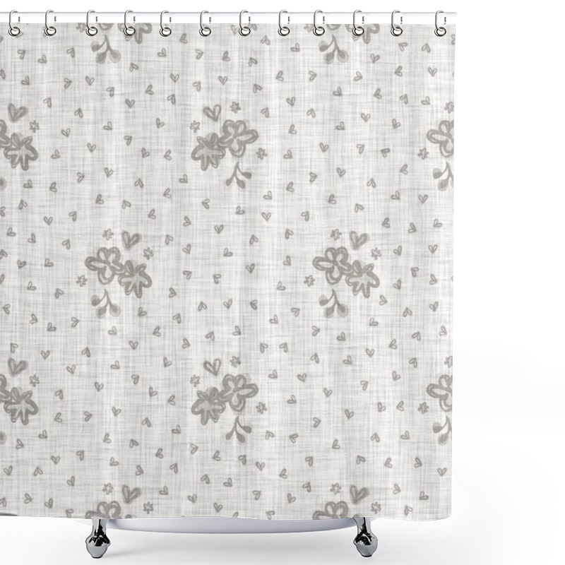 Personality  Natural Gray French Woven Linen Texture Background. Old Ecru Flax Bloom Motif Seamless Pattern. Organic French Farmhouse Weave Fabric For All Over Print. Greige Flower Block Print Textured Canvas Shower Curtains