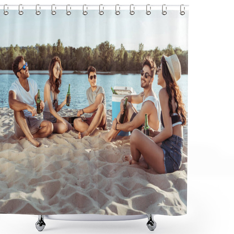 Personality  Friends Drinking Beer While Relaxing On Riverside Shower Curtains