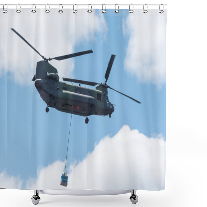 Personality  Double Rotor, Heavy Airlift, Military Helicopter, In Flight, Carrying Cargo. Shower Curtains