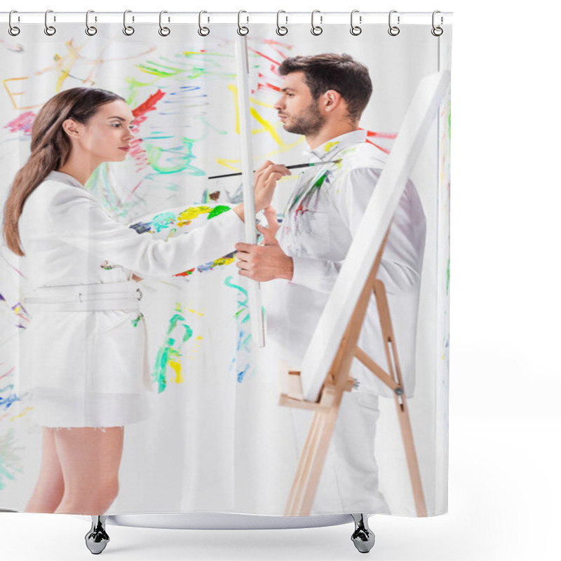 Personality  Adult Man Holding White Frame While Woman Painting Clothes Shower Curtains