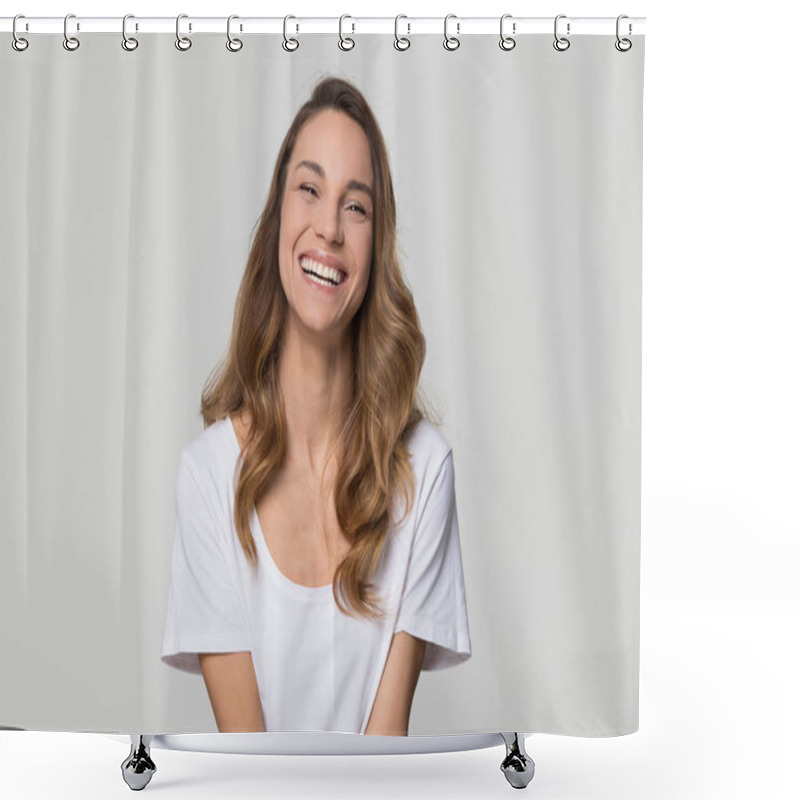 Personality  Happy Cheerful Young Woman Laughing Looking At Camera, Portrait Shower Curtains