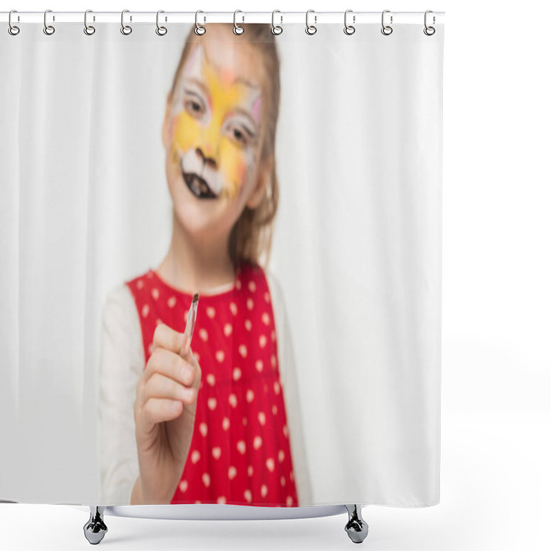 Personality  Selective Focus Of Adorable Kid With Tiger Muzzle Painting On Face Pointing With Paintbrush At Camera Isolated On White Shower Curtains