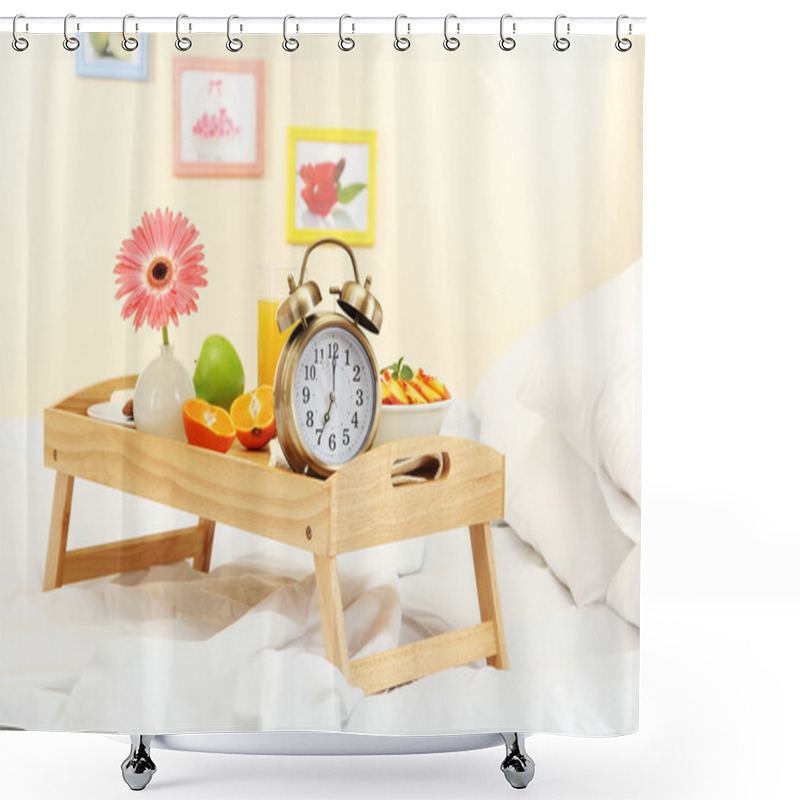 Personality  Wooden Tray With Light Breakfast On Bed Shower Curtains